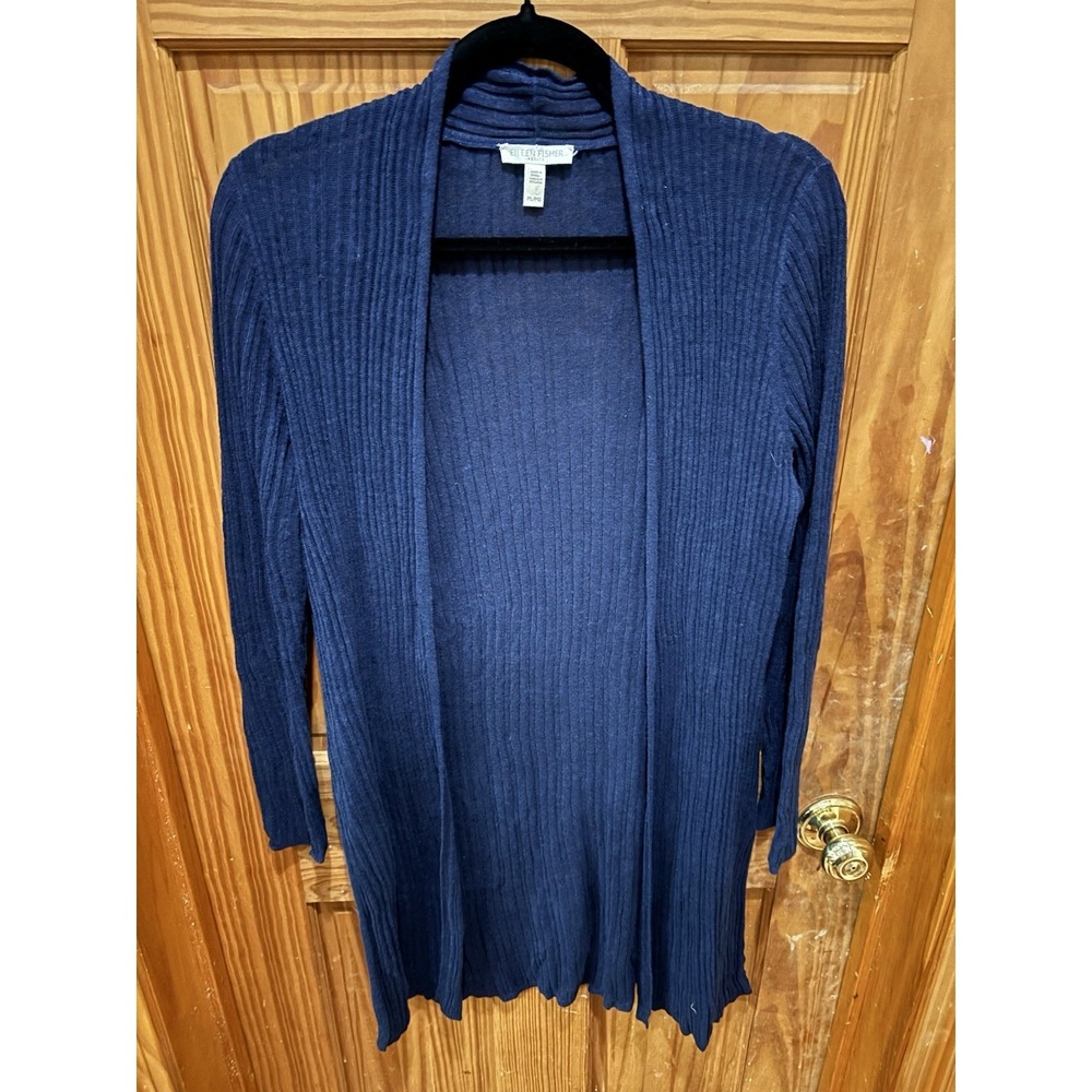 Eileen Fisher open Front Duster Cardigan Vertical Rib Knit Womens  P/L Navy
